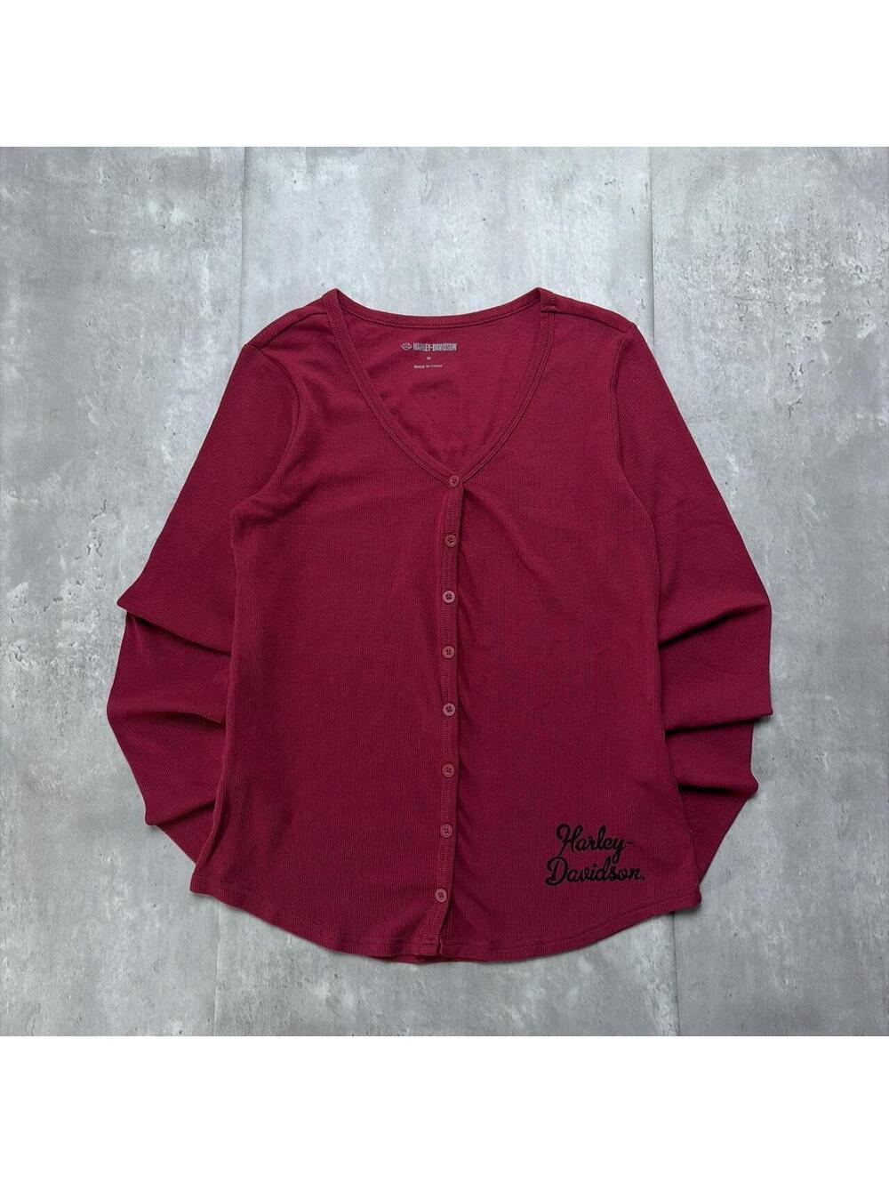 Y2K Burgundy Harley Davidson Grunge Biker Long Sleeve Thermal Henley Shirt